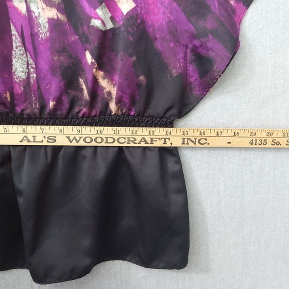 Rampage Satin Faux Wrap Top S Purple Black Boho Y2K Flutter Sleeve Smocked Waist - Picture 16 of 16